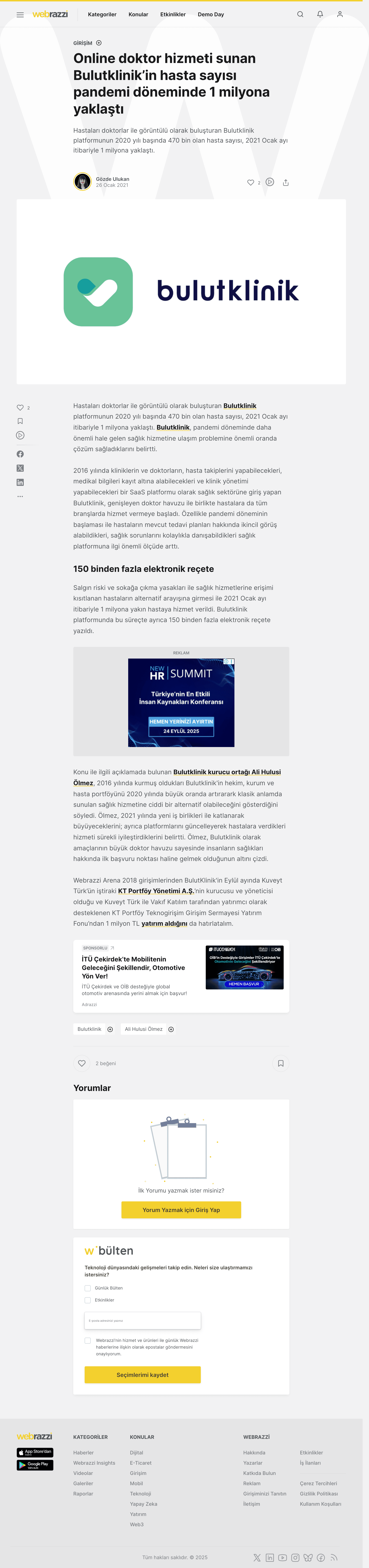 Online doktor hizmeti sunan Bulutklinik’in hasta sayısı pandemi döneminde 1 milyona yaklaştı